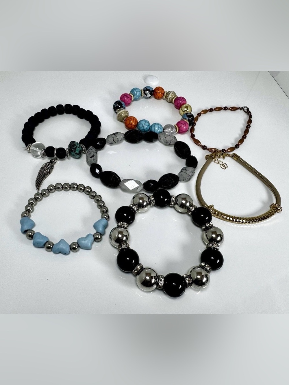 Lot of 6 Multicolor Beaded & Metal Adjustable Bracelets, Charm, 7-8 in #1501